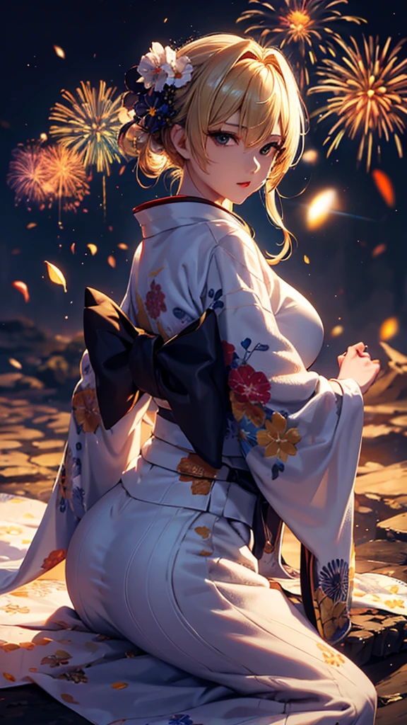 masterpiece, high quality, 4K, Beautiful design, silhouette,blonde, 非常に詳細な夜のStarry Sky,Flower Field, wonderful, Finer details, Very knowledgeable woman, Highly detailed solo, 1 female,Big Breasts,Butt Emphasis,Yukata in white color,Night view,Starry Sky,How to sit,firework,