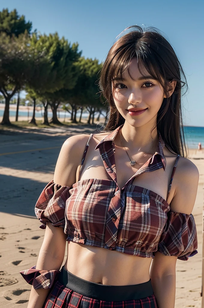 1girl, , ericeria beach, summer vibe, Summer lights, upper body, 8k, RAW photo, best quality, masterpiece,realistic, photo-realistic, (closed smile:1.2), kpop idol makeup, soft smile, colorful bangs, black hair, Such a trendsetter. Prove that plaid looks good year-round in this exclusive School's Cancelled costume featuring a halter top with a plaid trim, a collared plaid neck tie, a hook back closure, and a matching plaid skirt with a ruffled hem.