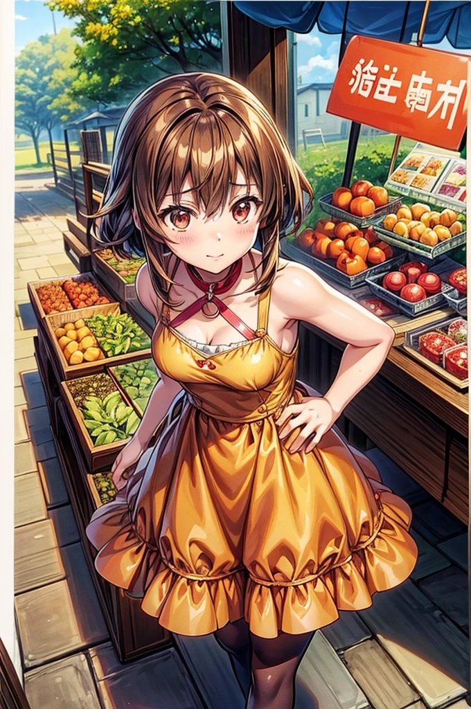 anime girl in a brown dress standing in front of a fruit stand, female protagonist 👀 :8, official art, crisp clear rpg portrait, official character art, 🍁 cute, anime visual of a cute girl, makoto shinka, marin kitagawa fanart, ❤🔥🍄🌪,  in dress, cushart krenz key art feminine
