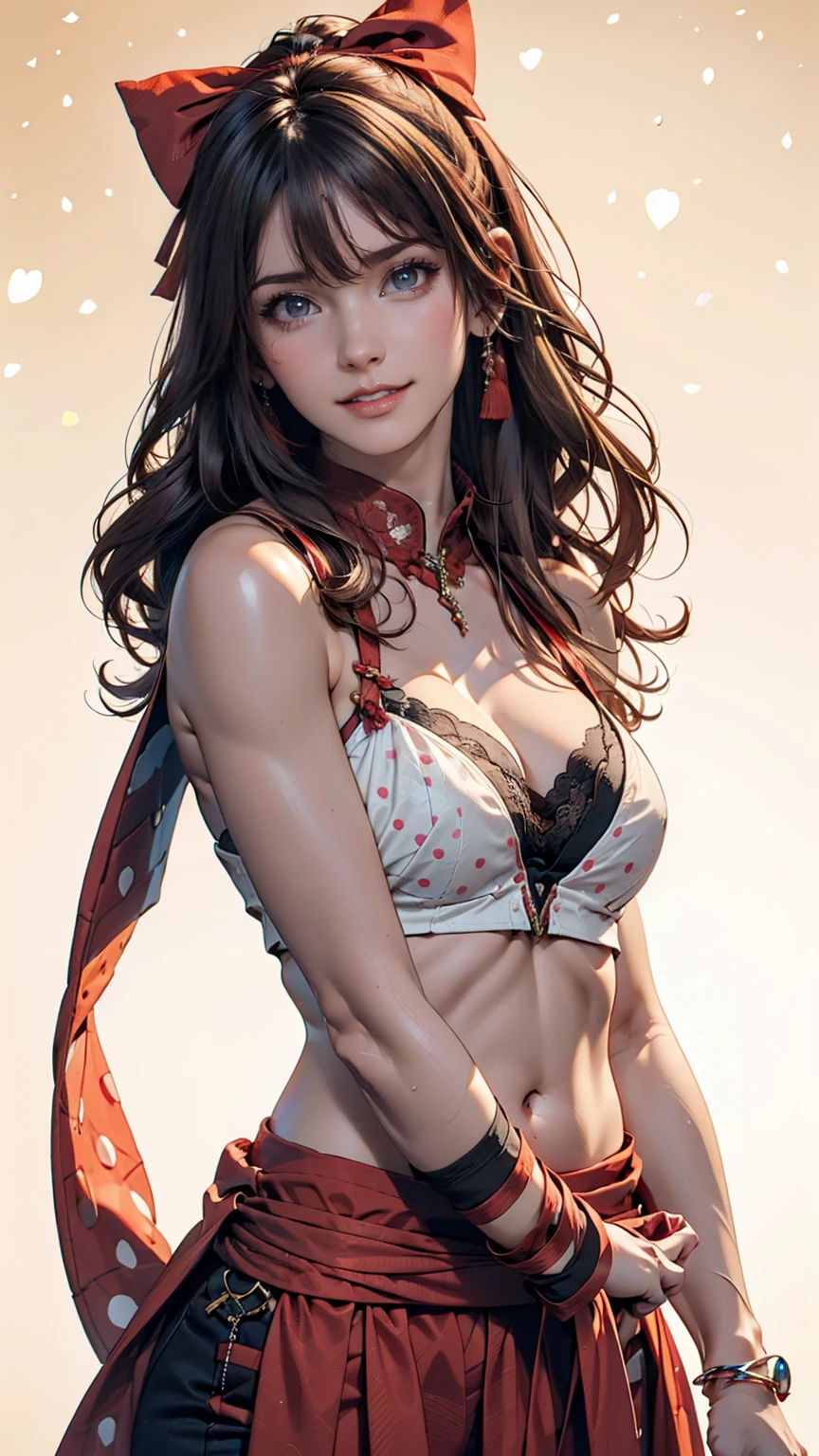 masterpiece, Highest quality, software, colorful, One girl, alone, Hakurei Reimu, Brown Hair, Brown eyes, Long Hair, Hair Tube, Small breasts, Abstract background, Blue background, Pink Background, Yellow background, Polka dot background, (Halftone)、24-year-old woman、Sexy proportionature female body、Sexy proportionakeup、hair band((hair ribbon))、Textured skin((textured skin))、smile、Narrow waist