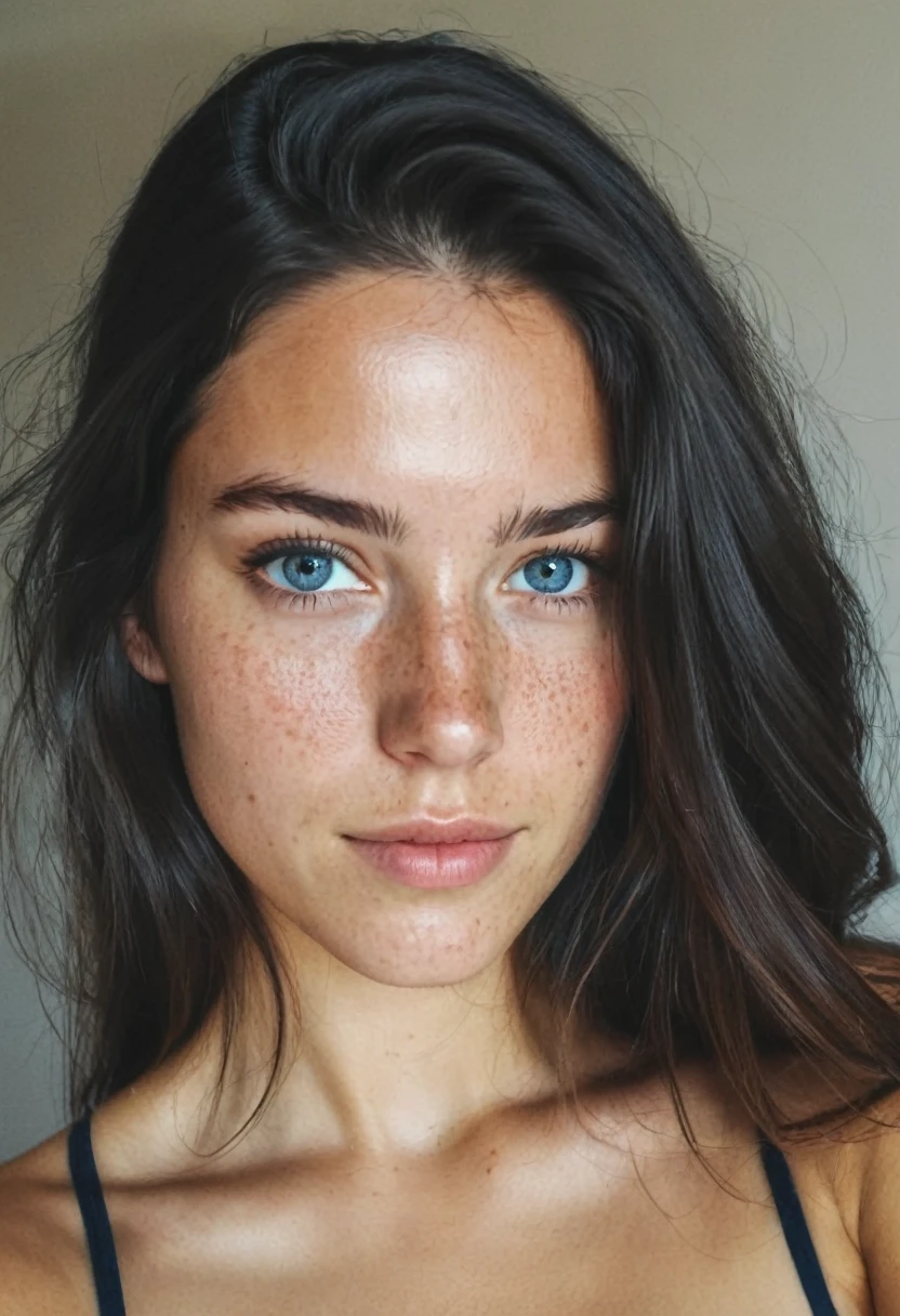 full body , a 23 year old gorgeous woman , slight smile , detailed skin face and eyes , natural lighting , at home , long hair, topless , film grain, low contrast, natural face , freckles , black hair , blue eyes, dark circles under eyes