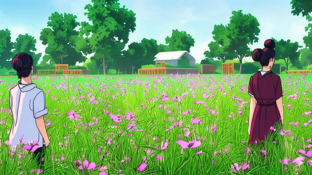 "A girl having short black hair, she is wearingaeoon floral oversized shirt and white comfy pan she is now ready to go outside for morning walk she is making little ponytail in her short black hair. She takes the viewers on a tour of the beautiful countryside around her home. There's a park, gardens with lush greenery, and birds chirping in the clear morning sky.