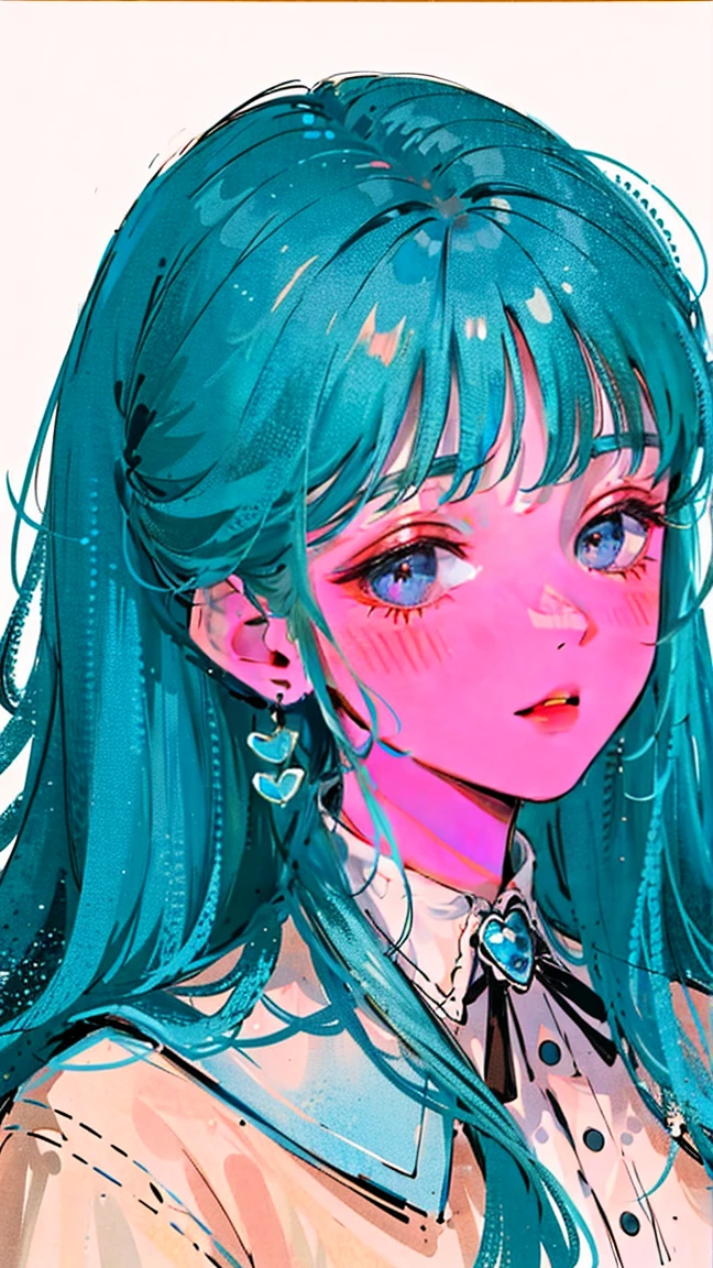 (Portraits:1.4), (masterpiece:1.2, best quality:1.2), from above, upper body, 1girl, Look up, face focus, extremely detailed face, extremely detailed eyes, good-looking, make up, fashion wear, earrings, Blue curly hair, medium wavy hair, blunt bangs, friendly, cute smile, kind smile