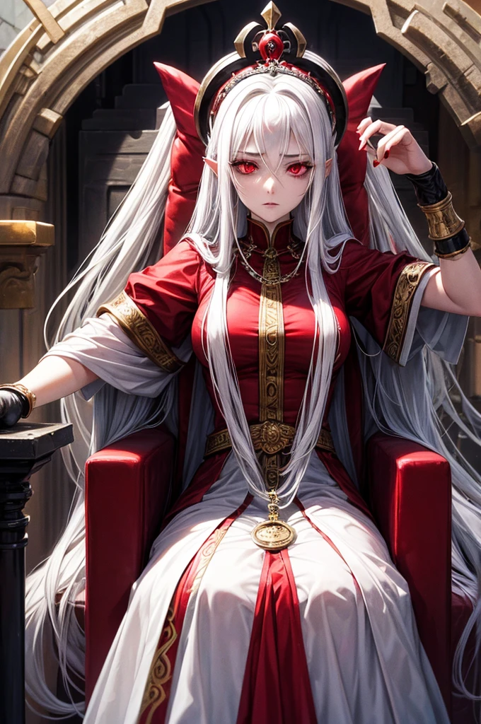 A hypnotized beautiful queen with long white hair and red eyes, enslaved and imprisoned, chained to her throne