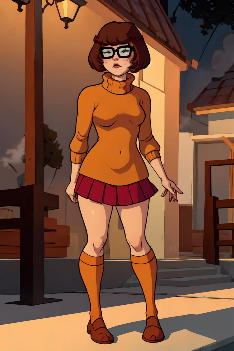 1girl, Velma from scooby-doo, solo, skinny, brown hair, black eyes, square glasses, orange turtleneck blouse and red skirt,  eyeliner, looking at viewer, lips, black bob cut, blunt bangs, blush, standing, full body, outdoors, night, fog egirlmakeup, orange stockings, on knees, mouth open