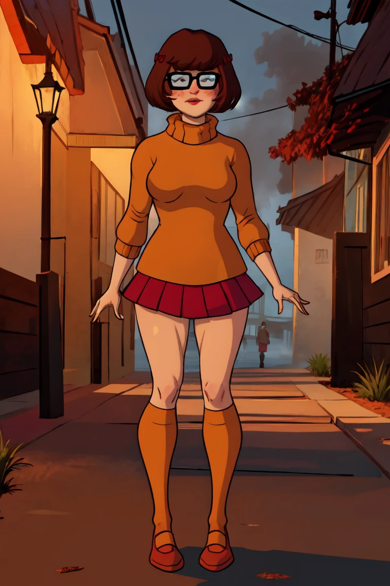 1girl, Velma from scooby-doo, solo, skinny, brown hair, black eyes, square glasses, orange turtleneck blouse and red skirt,  eyeliner, looking at viewer, lips, black bob cut, blunt bangs, blush, standing, full body, outdoors, night, fog egirlmakeup, orange stockings, on knees, mouth open