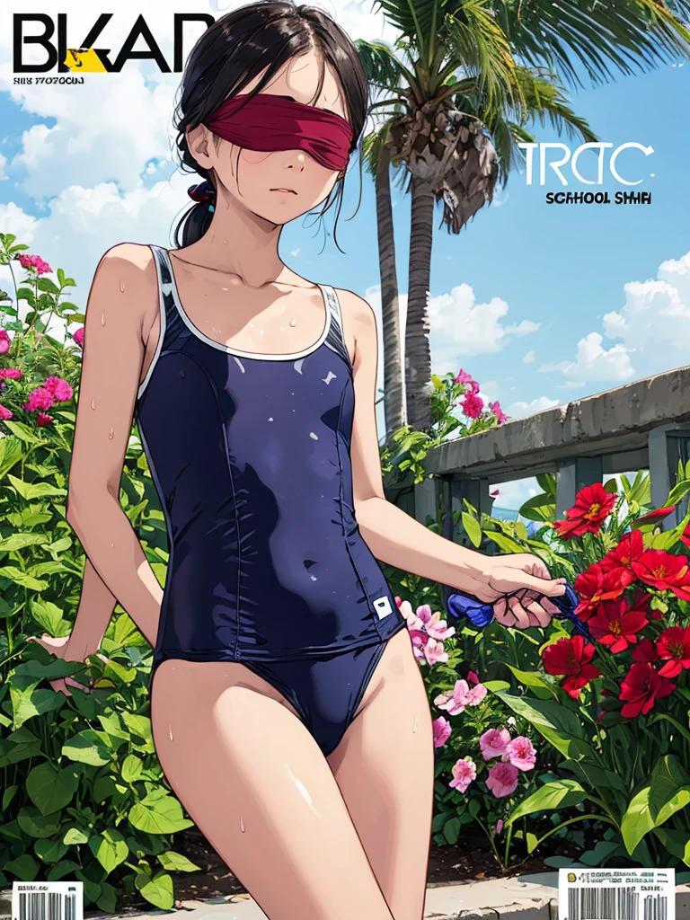 Magazine Cover,Legendary Flower,(School Swimsuit:1.5), Blindfold,Watering the flower,Beep beep beep,Sweaty skin,garden,Gonzo Porn
