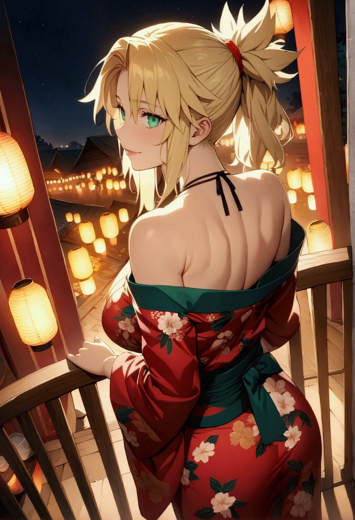 ((greatest masterpiece:1.3, ultimate quality:1.3, ultra-detailed:1.2)), (movie lighting), ((perfectly sensual)), super fine illustration, an extremely delicate and beautiful, 4K, 8K, 16K, UHD, 1girl, solo, Mordred (Fate Grand Order), gorgeous blonde hair, short ponytail, lustrous emerald eyes, voluptuous, cleavage, well-proportioned feminine body, anatomically perfect, detailed beautiful face, confident smile, perfect posture, seductive gesture, floral yukata, nape of neck, festival, night, colorful lanterns, from above, cinematic angle, official artwork, bold composition, alluring image, perfect AI assist, world-class masterpiece,