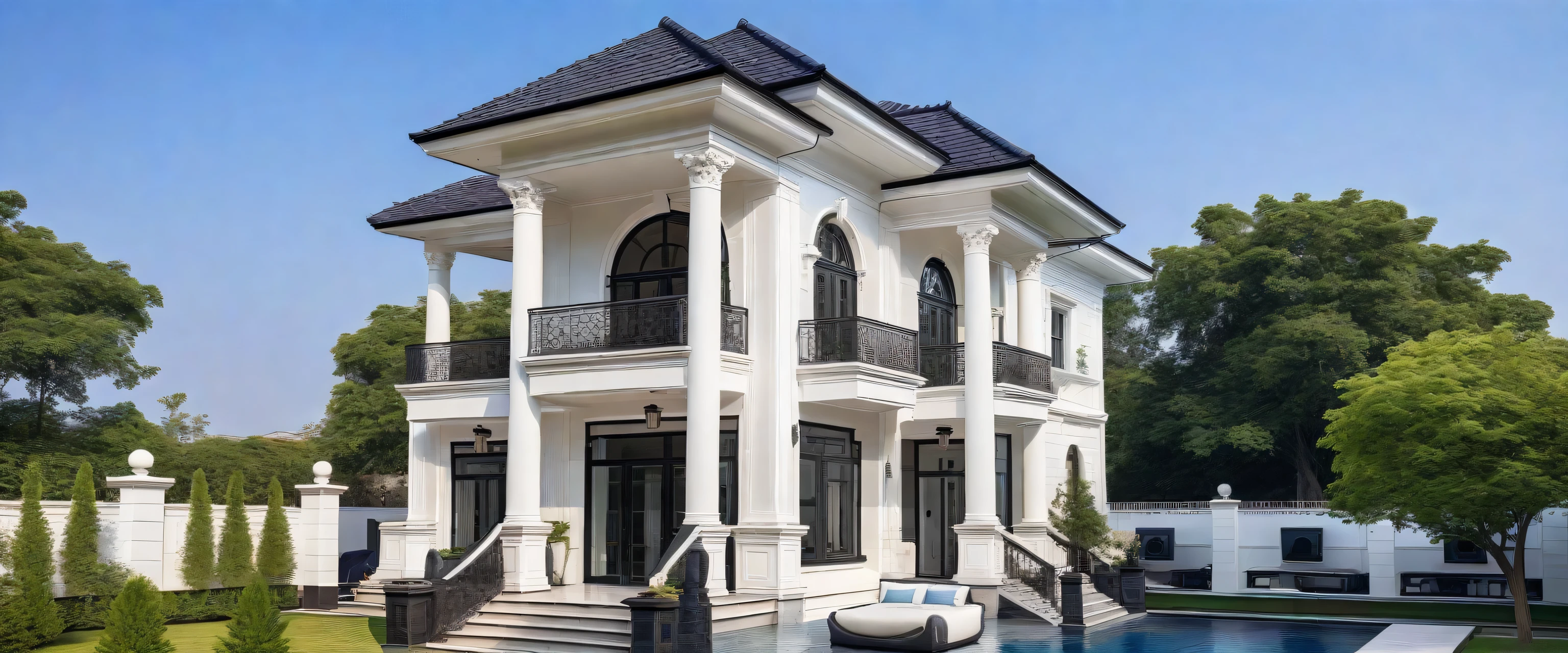 decked house with pool and patio with a patio and dining room, well-designed masterpiece, vivid and detailed, smooth and clean lines, neo-classical, neo-classical, Residential design, exterior design, render to resolute perfection , clean line, rich house, lively and balanced, crisp smooth clean line, with a lush lawn, majestic masterpiece
