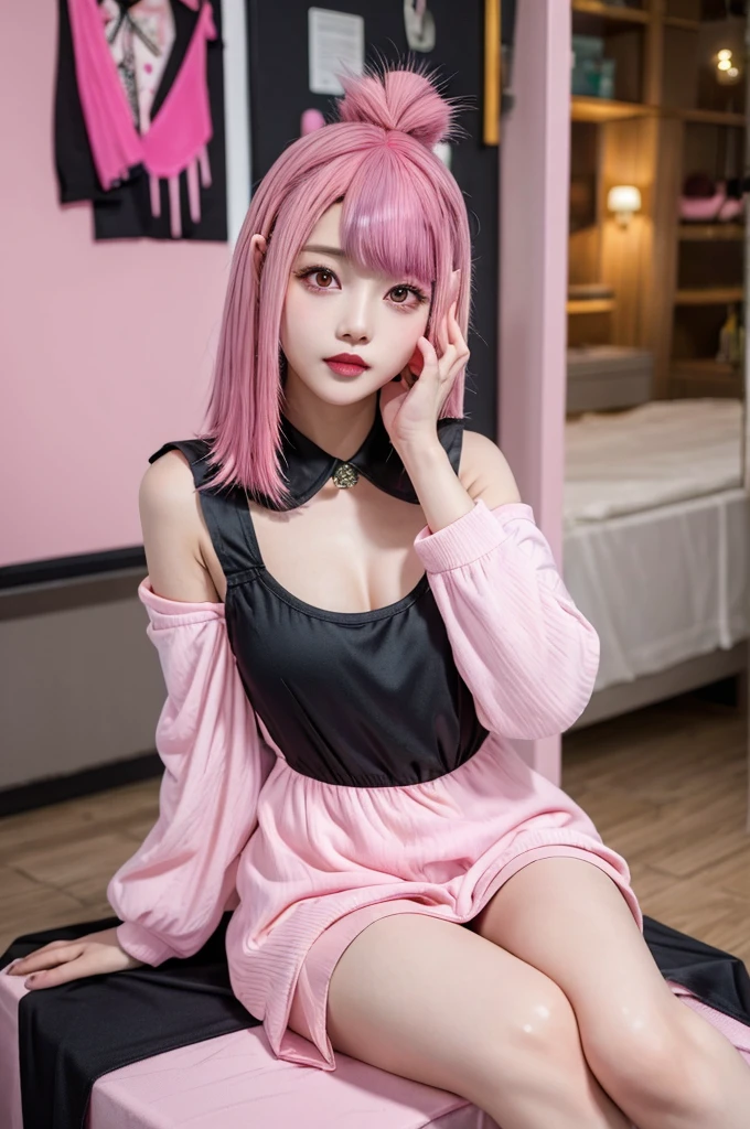 Highest quality,girl,cute,beautiful,Sitting,Brown eyes,Black cabaret dress,black hair,(pink inner hair: 1.5),