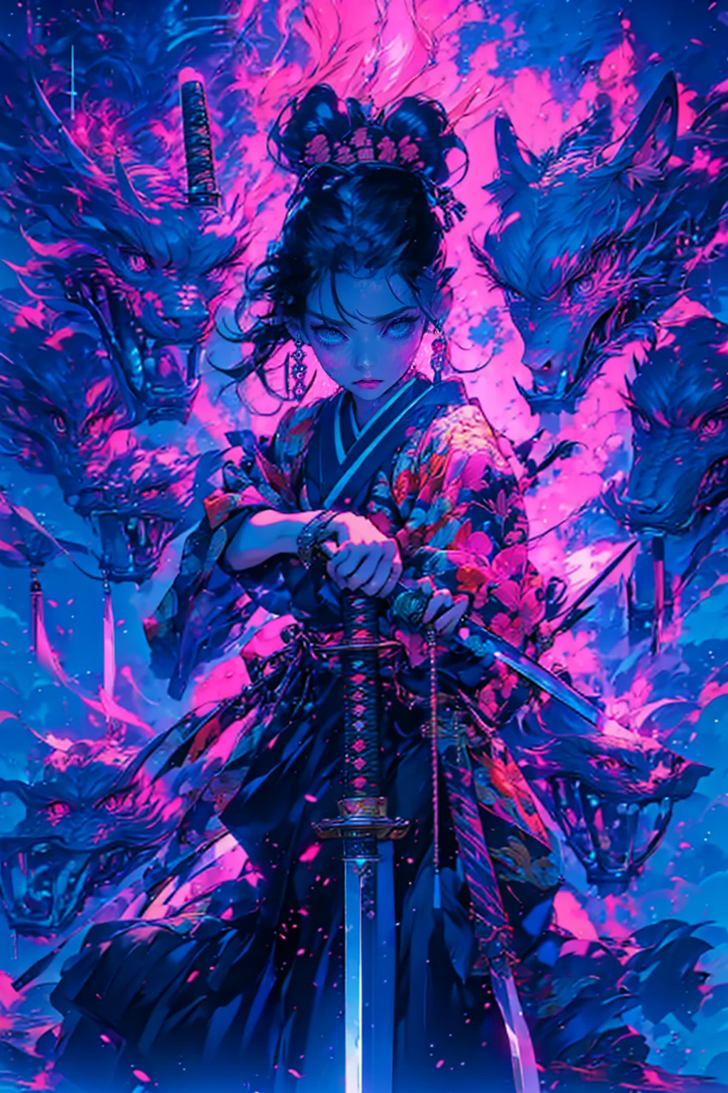 1girl,solo,cool,kimono,japanese style,xuer ai yazawa style girl,holding weapon,katana,looking at viewer,fighting stance