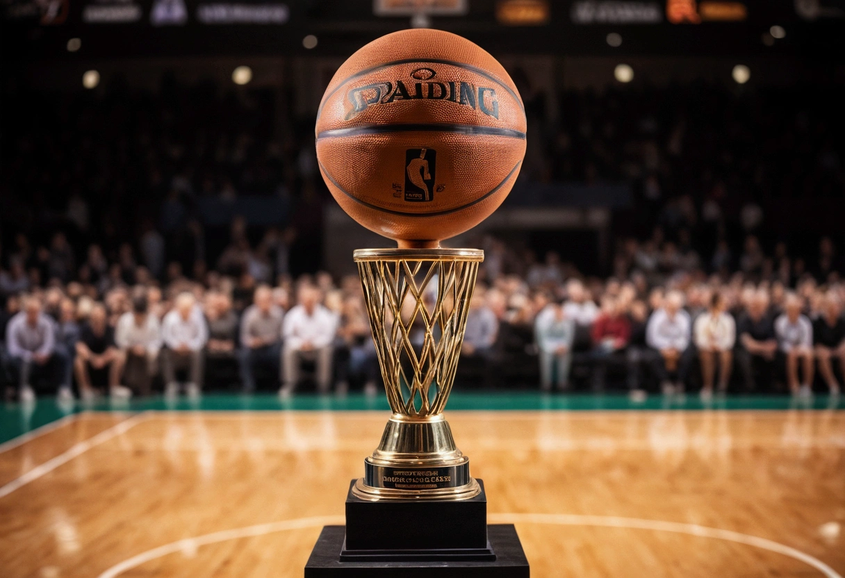 a picture of a trophy (no logos) on a basketball court in front of the audience, the audience is blurred and not in focus, there are no logos or words in the picture