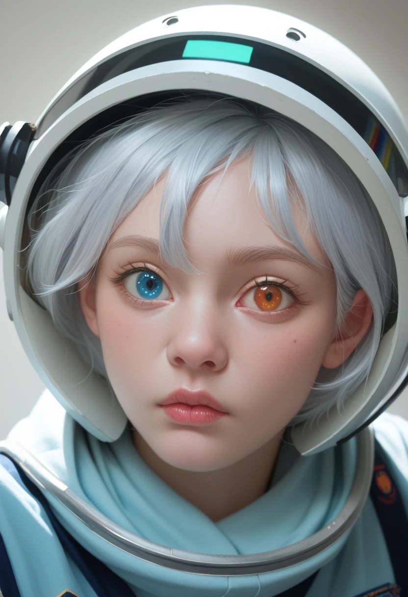 (Close-up of a better masterpiece:1.5)0.9], (Space and astronauts:1.2) (Messy silver hair:1.1) (Heterochromia xanthochromia and blue eyes:1.2) (Space Helmet:1.0) (Colored stars in the eyes:1.0) (A radiant glow:1.1) (thick lips:0.9)