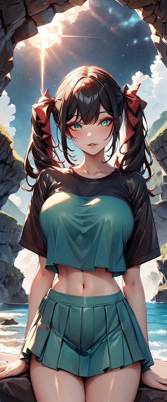 Photo of a woman with natural skin, Upper Body, Seaside cave, The light is shining in, High Twintails, Black hair with red mesh, Sharp eyes with red eyeshadow, Blue-green eyes, Shining eyes, A thin, upturned nose, Well-shaped lips, Big Breasts, ((crop top overhang, Thighs, Glamour body)), Makeup, Exquisitely crafted with the utmost attention to detail, Vibrant, amazing, Smooth, Cinematic, 4K, Backlight, (()), Shallow depth of field, ((Detailed eyes:1.3, Detailed lips:1.3, high quality, )), masterpiece, Super detailed images, High quality