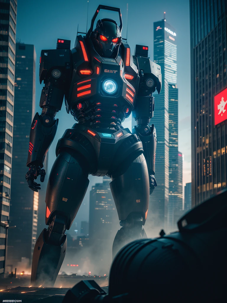 a close up of a large robot in a city with buildings, giant mech, deep cyberpunk mechanoid, advanced digital cyberpunk art, giant robot mech, robot city ruins, anime mecha aesthetic, cyberpunk dark fantasy art, hq 4k phone wallpaper, cyberpunk mechanoid, sci-fi digital art, epic fantasy sci fi illustration, cinematic 4k wallpaper