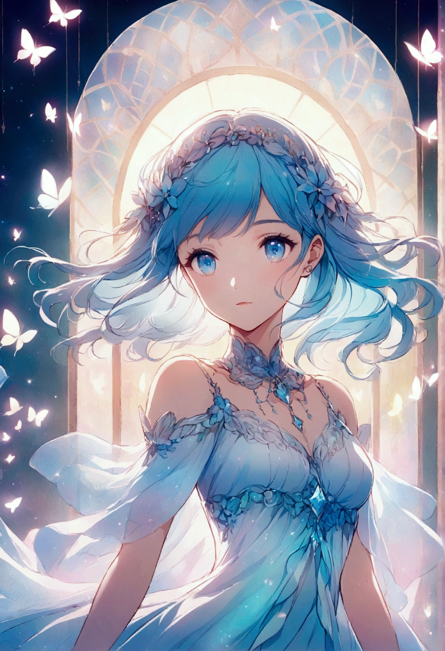 Create an anime-style digital illustration featuring a young woman with short, pastel blue hair and striking blue eyes. She should be wearing a white, flowy dress that shimmers with reflective light. The background should be ethereal, with soft pink and blue hues, giving a dreamlike atmosphere. Include elements like delicate glowing butterflies and sparkling light effects to enhance the magical feel of the scene. Ensure the lighting highlights the character's features, adding a soft glow around her to create a serene and enchanting mood.