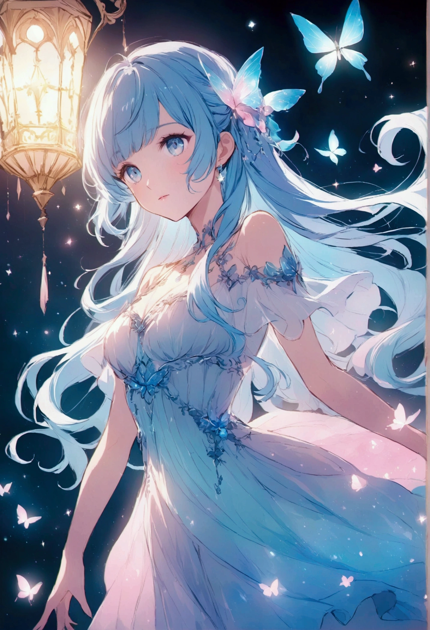 Create an anime-style digital illustration featuring a young woman with short, pastel blue hair and striking blue eyes. She should be wearing a white, flowy dress that shimmers with reflective light. The background should be ethereal, with soft pink and blue hues, giving a dreamlike atmosphere. Include elements like delicate glowing butterflies and sparkling light effects to enhance the magical feel of the scene. Ensure the lighting highlights the character's features, adding a soft glow around her to create a serene and enchanting mood.