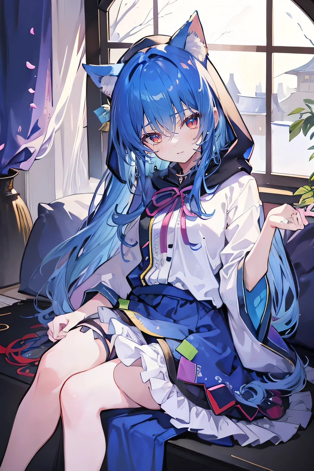 （masterpiece：1.2），Super detailed，lifelike，Expressive eyes，fair skin，perfect face shape，1 girl，
Japanese comics,Gorgeous blue hair,flowing blue hair,flowing clothes,Cat ears,Petals fall,beautiful lola,Baby Angel,
Shaking head with one hand，Cross your legs，Gentle and peaceful background，The pavilion is cool and comfortable,smile, wearing hoodie, In front of the window,snowing，Clear sky，Witch costume，Sitting sideways，Look from the bottom up。