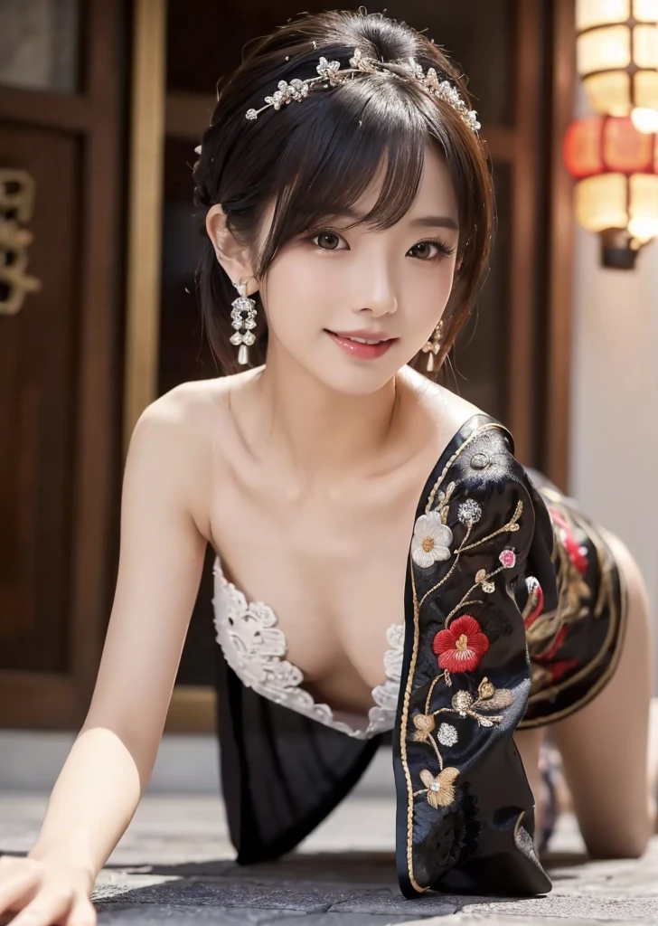 (((((On all fours)))))、((((topless)))),((((((Small chest))))))、(((((My chest is visible))))),(((Open the chest of the costume with both hands、Showing her breasts to the photographer))),1 girl,Japanese,23 years old,((Slim body))、(((引き締まったButt))),Short Bob ,Straight Bangs,((Short Bob)),Butt,Erotic,Shaved Bob,Bob Hair,Embarrassing,Realistic,超Realistic,masterpiece, Highest quality,ultra-Get used to it,super Get used to it skin,Get used to it,Perfect Anatomy、( Highest quality、8k、masterpiece: 1.1 )、diamond、Earrings,,((masterpiece、Highest quality))、Detailed face、sexy japanese model、(((A black Chinese dress with beautiful embroidery..3)))、Wearing a sexy Chinese dress、depth、1 Girl、Synmatic Lighting、A woman with great style、High heels、Sexy Woman、Sexy legs、Attractive beautiful legs、Naughty legs、smile、Sexy Costumes、White lace panties、Sit with your legs apart