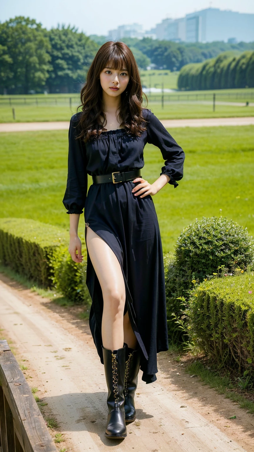 (8k、RAW Photos、Highest quality、masterpiece:1.2)、(Realistic、Realistic)、1 Girl、((Black Dress、Skin visible、Curly Hair、boots、garden、View from the front、Looking at the camera、belt、Hands on your hips))、cute