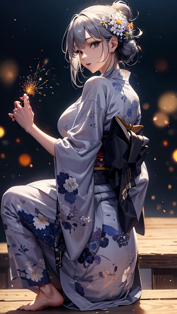 masterpiece, high quality, 4K, Beautiful design, silhouette,Gray Hair, 非常に詳細な夜のStarry Sky,Flower Field, wonderful, Finer details, Very knowledgeable woman, Highly detailed solo, 1 female,Big Breasts,Butt Emphasis,Yukata in white color,Night view,Starry Sky,How to sit,firework,