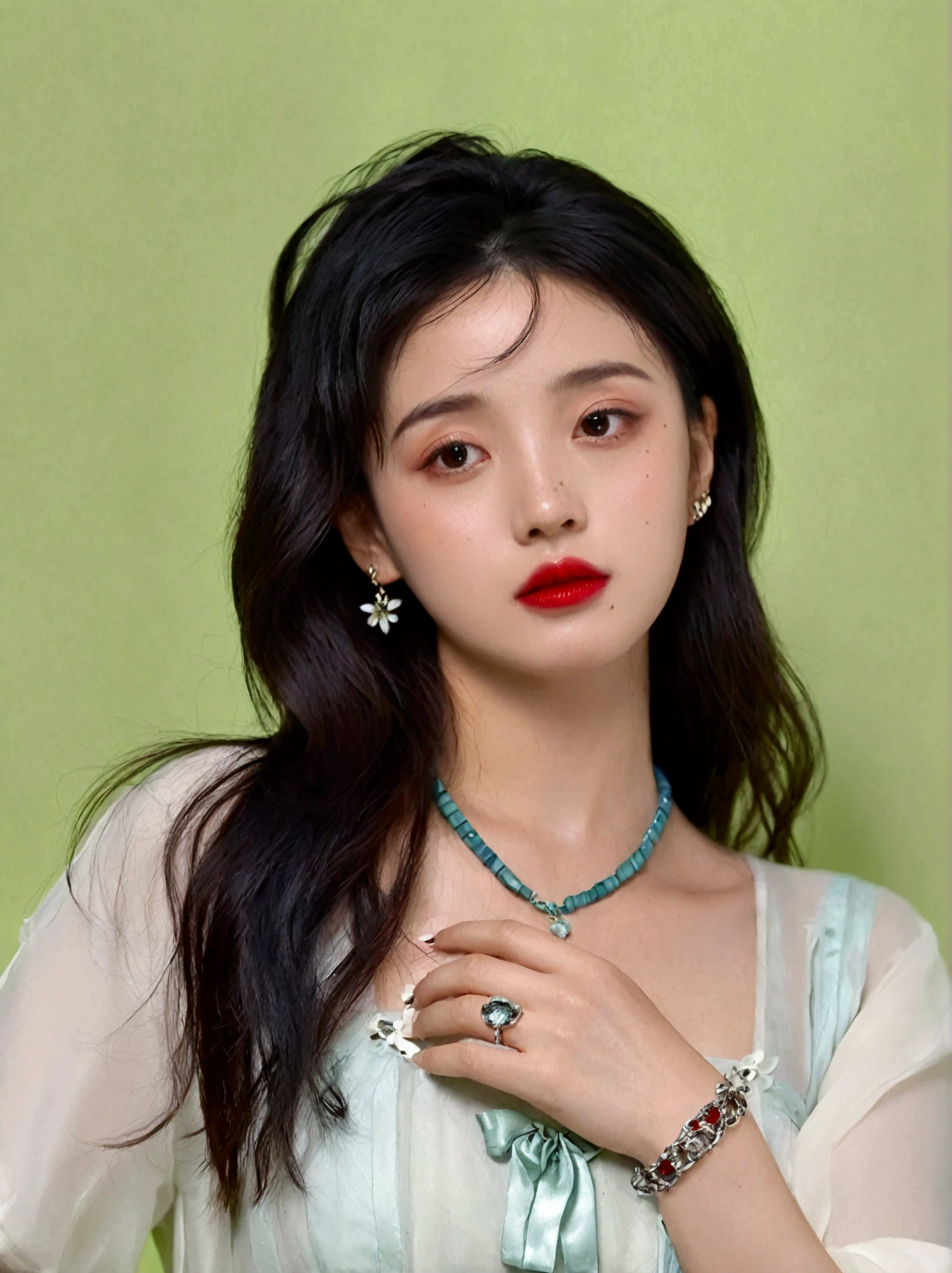 1girl, solo, long hair, black hair, jewelry, upper body, necklace, black eyes, bracelet, lips, looking to the side, looking away, ring, freckles, realistic, red lips