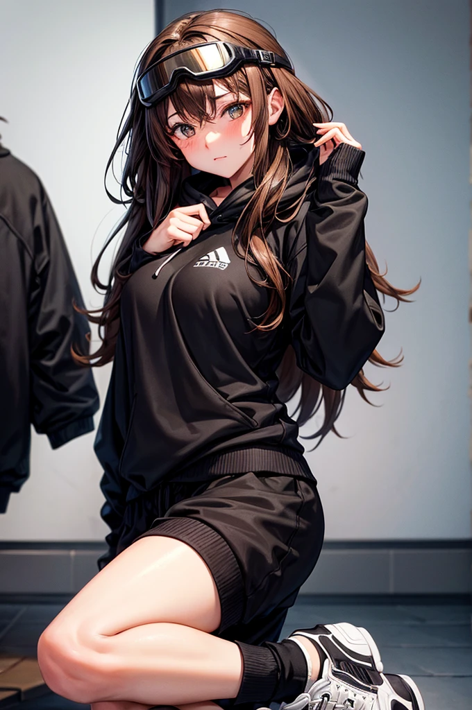 brown hair, tall, long hair, black hoodie, large breasts, black sweatpants, ski goggles perched on hair, cute, sexy, whore, slut, 18 years old, blushing, black tennis shoes,