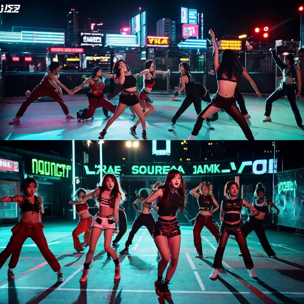 
   - **Setting:** A stylish rooftop with neon lights.
   - **Action:** The members are seen arriving individually, showcasing their unique styles. They greet each other with excitement, and as they come together, the beat drops for the chorus. 
   - **Dancers:** Female backup dancers join in for the first choreography sequence, featuring synchronized dance moves with fierce expressions. Kpop girl group south koera members  music video  siren  scene  in south  korea 