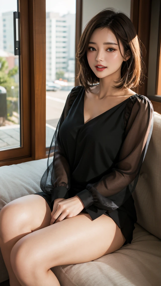 (work of art)), ((highest quallity)), ((Complex)), ((surreal)), (realisitic), (mature woman), ((No classes)), very detailled, (1 female), Beautiful and exquisite, (Beautiful teeth), ssmile, Brunette Bob Hair, eyes browns, ((blouse)), (trunk), (fund:None), perfects eyes, captivating eyes, looking at the audience, photo by full body. drawing attention to your big breasts.