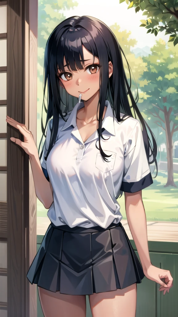 1girl in、AS-Adult、The shirt、skirt by the、(small tits)Chilarism、Japan High School Student Uniform、serafuku、summer clothing、(Sheer Bra)、Upper body portrait、Cute underwear、Squatting panchira、
