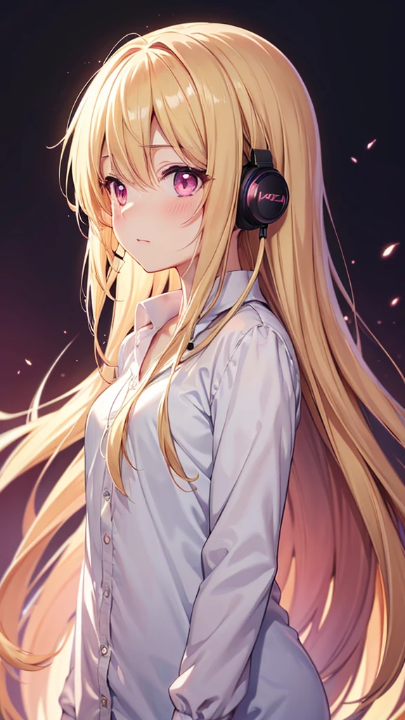 High resolution, Light blush, Simple Background, Background blur, Anime Style, earphone, Round eyes, Character design drawings, Long Hair, Gaze, Blonde, Pink eyes, Character profile,