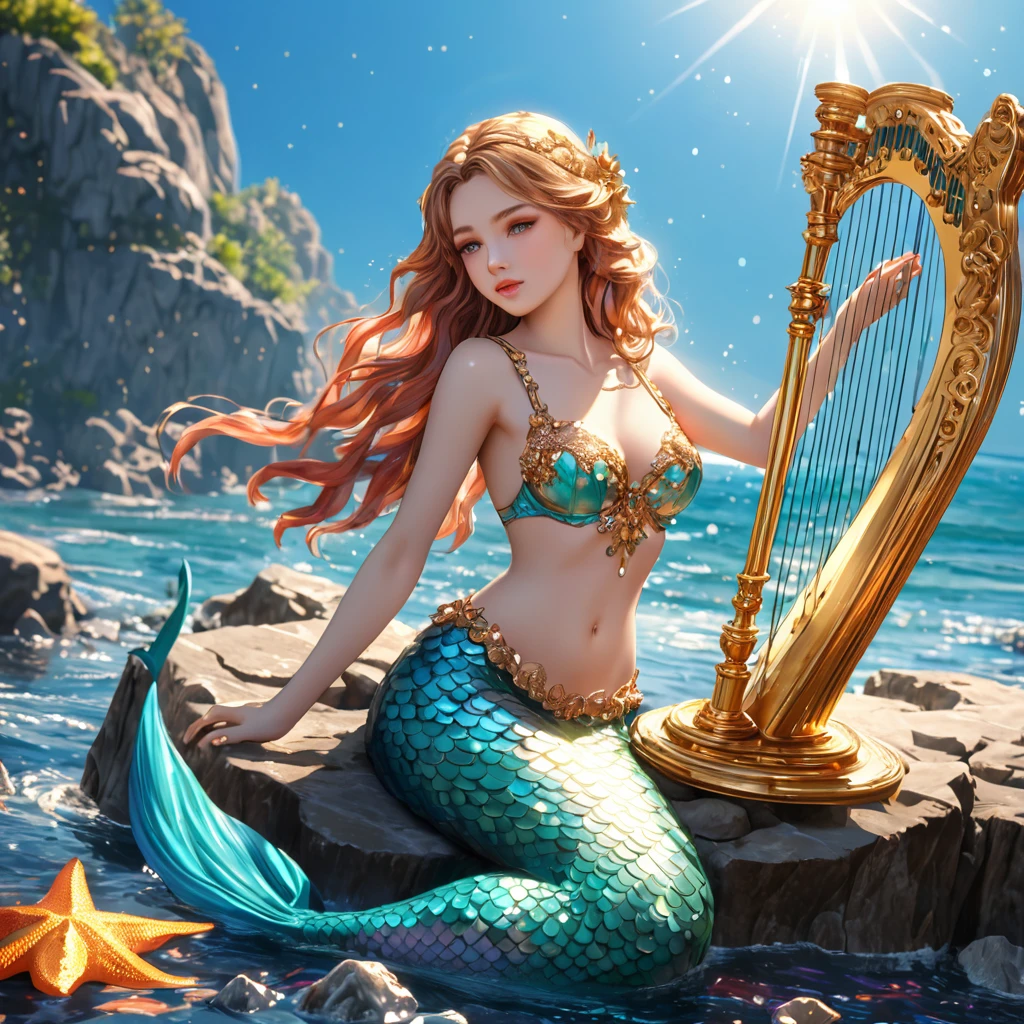 cute 20 year old mermaid with golden wavy hair with pretty hair accessoires in the ocean below the surface sitting on a stone playing a golden harp in the sunlight, sun is shining, wears a golden glittery mermaid bra, beautiful mermaid, beautiful detailed human face, red lips, alluring eyes, elaborated mermaid baby blue tail, serene, masterpiece, full body shot, highres, high resolution, high quality, intricate details, extremely detailed, incredible details, full colored, complex details, insanely detailed and intricate, extremely detailed with rich colors. masterpiece, best quality, HDR, UHD, unreal engine, High quality, gorgeous, glamorous, 8k, super detail, gorgeous light and shadow, detailed decoration, detailed lines, glittery, fantasy, pretty colors, anime style