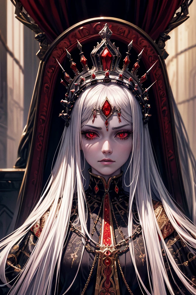 a beautiful hypnotized queen with long white hair, intense red eyes, chained to her throne, enslaved and imprisoned, detailed highly realistic facial features, intricate jewelry and crown, dramatic lighting, cinematic composition, dark fantasy, digital art