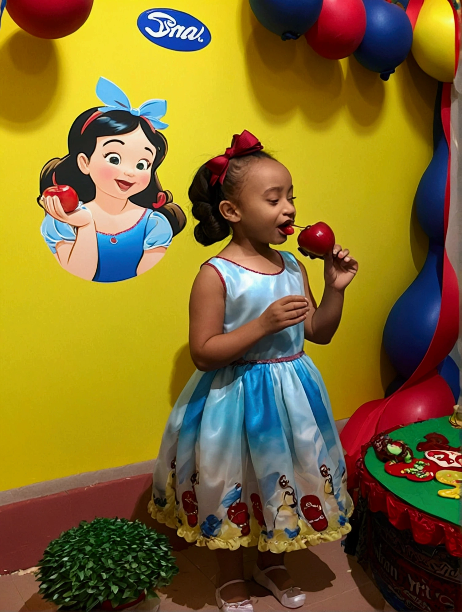 3D eating an apple, WITH RED BOW IN HER HAIR, and blue dress.