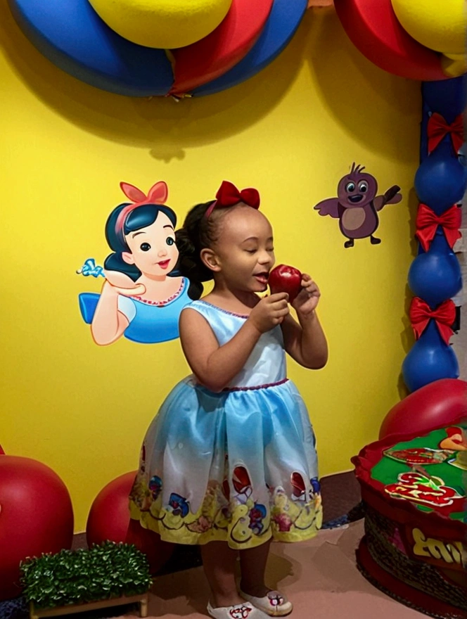 3D eating an apple, WITH RED BOW IN HER HAIR, and blue dress.