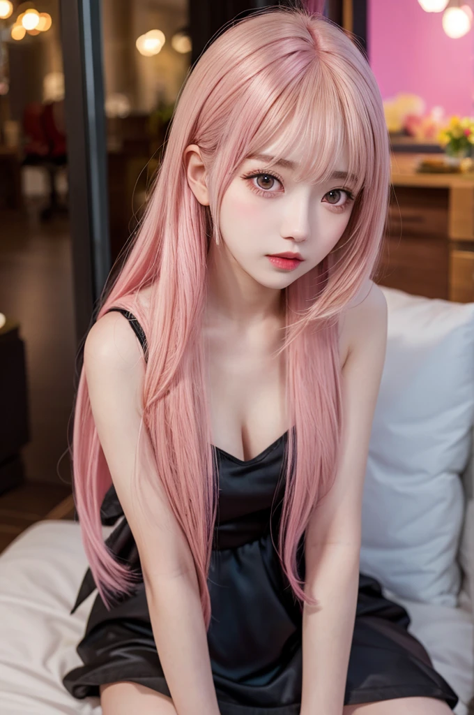 Highest quality,girl,cute,beautiful,Sitting,Brown eyes,Black cabaret dress,blond hair,(pink inner hair: 1.1),
