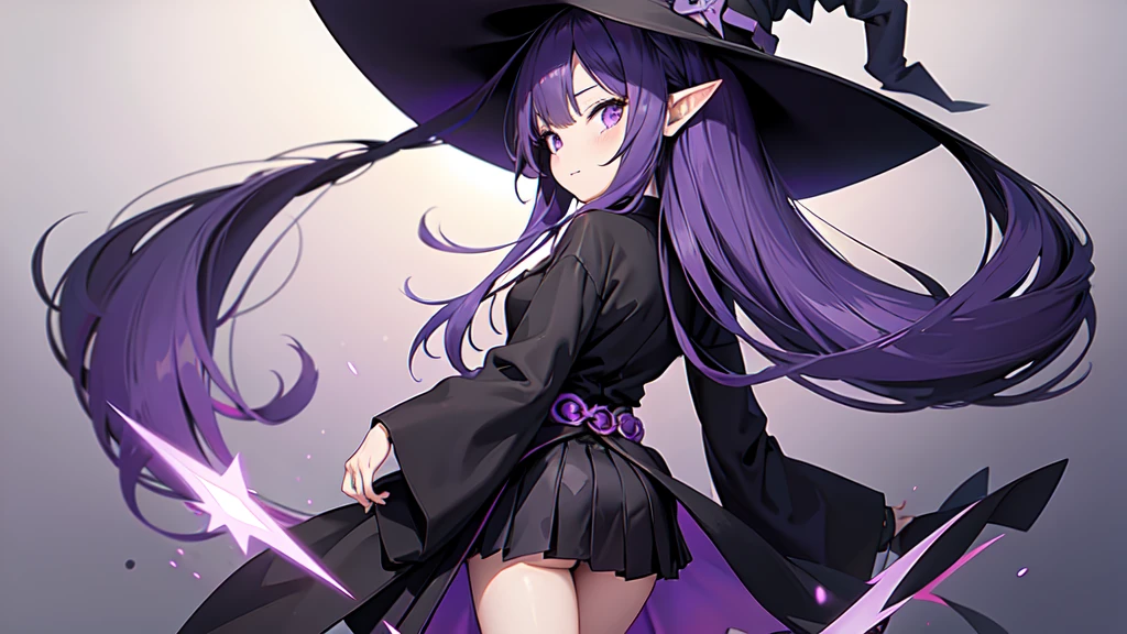 Anime girl with long purple hair and black robe. Witch hat. Pointy ears. Cute as a cartoon. Back view. Full body facing backwards. Her whole body is visible from her head to her feet. Skirt is short.