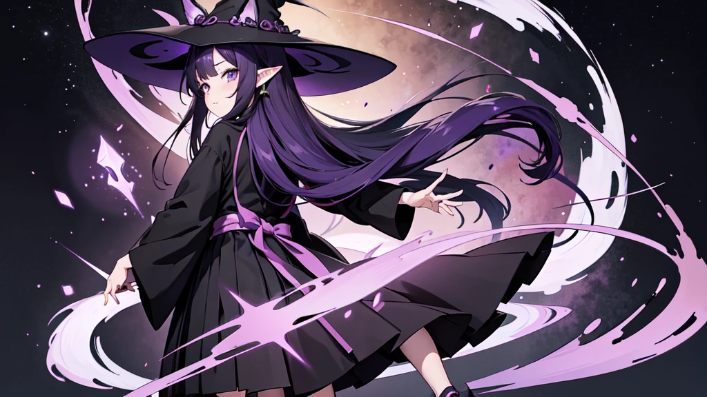 Anime girl with long purple hair and black robe. Witch hat. Pointy ears. Cute as a cartoon. Back view. Full body facing backwards. Her whole body is visible from her head to her feet. Skirt is short.