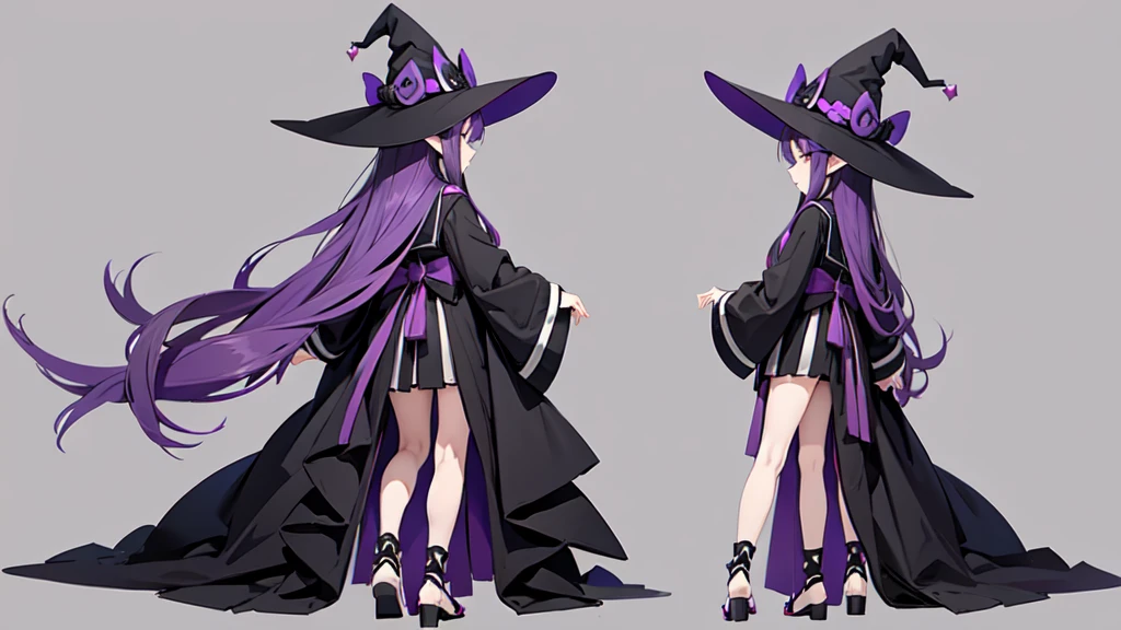 Anime girl with long purple hair and black robe. Witch hat. Pointy ears. Cute as a cartoon. Back view. Full body facing backwards. Her whole body is visible from her head to her feet. Skirt is short.