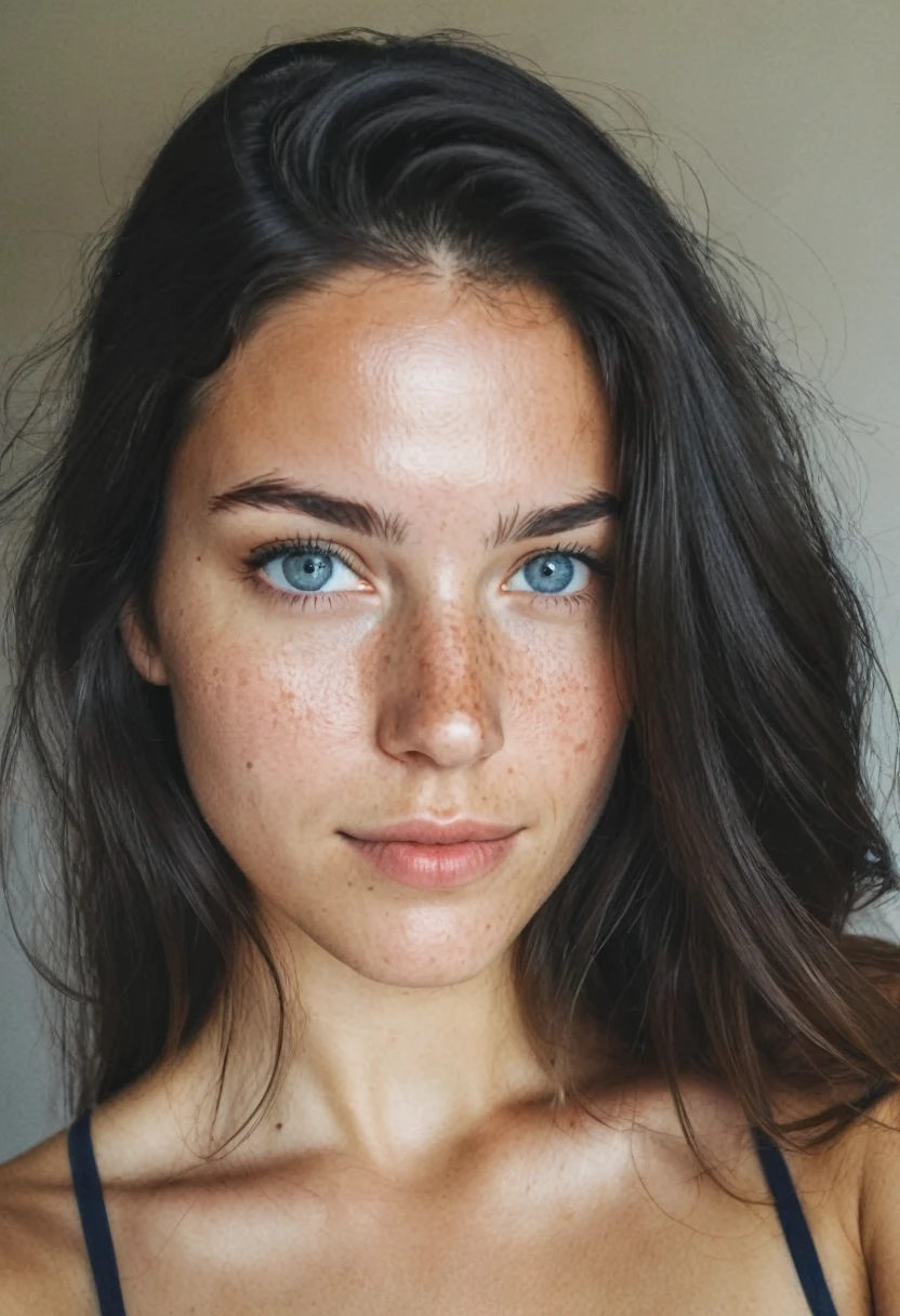 standing on the street, wearing white dress , a 23 year old gorgeous woman , slight smile , detailed skin face and eyes , natural lighting , at home , long hair, topless , film grain, low contrast, natural face , freckles , black hair , blue eyes, dark circles under eyes