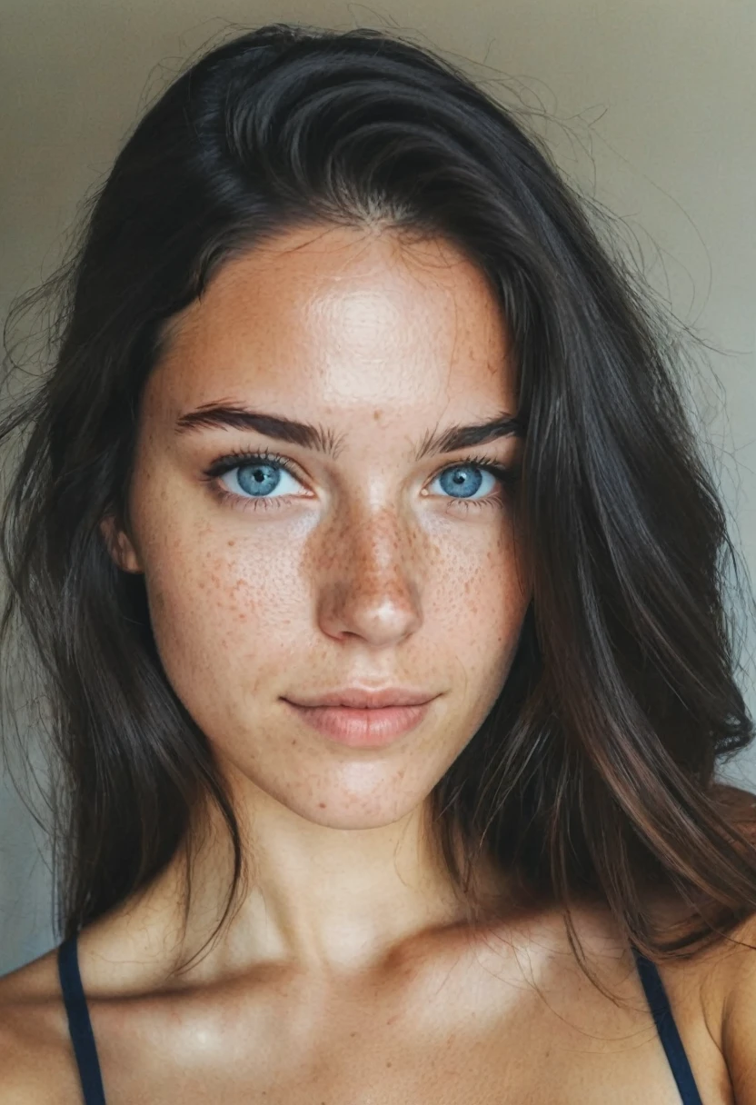 standing on the street, wearing white dress , a 23 year old gorgeous woman , slight smile , detailed skin face and eyes , natural lighting , at home , long hair, topless , film grain, low contrast, natural face , freckles , black hair , blue eyes, dark circles under eyes