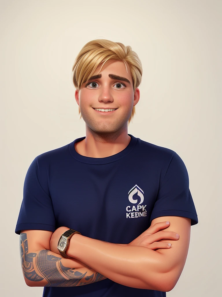 blonde man, in company uniform (I need you to keep the logo)