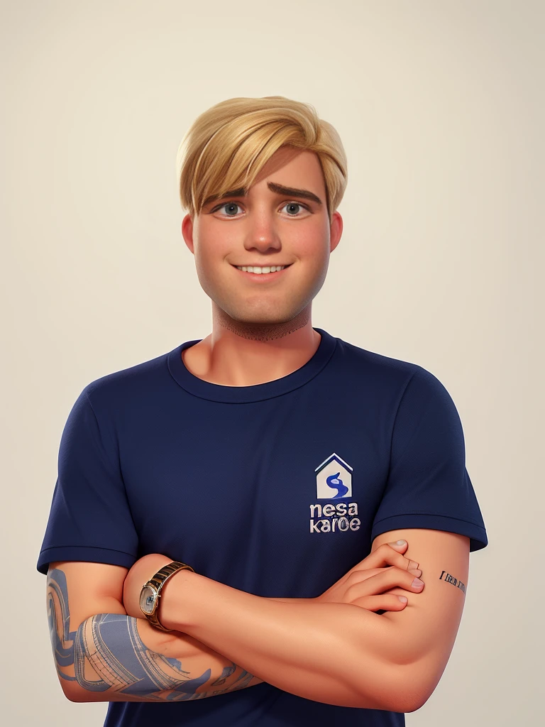 blonde man, in company uniform (I need you to keep the logo)