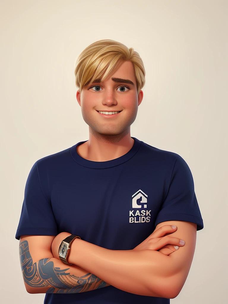 blonde man, in company uniform (I need you to keep the logo)