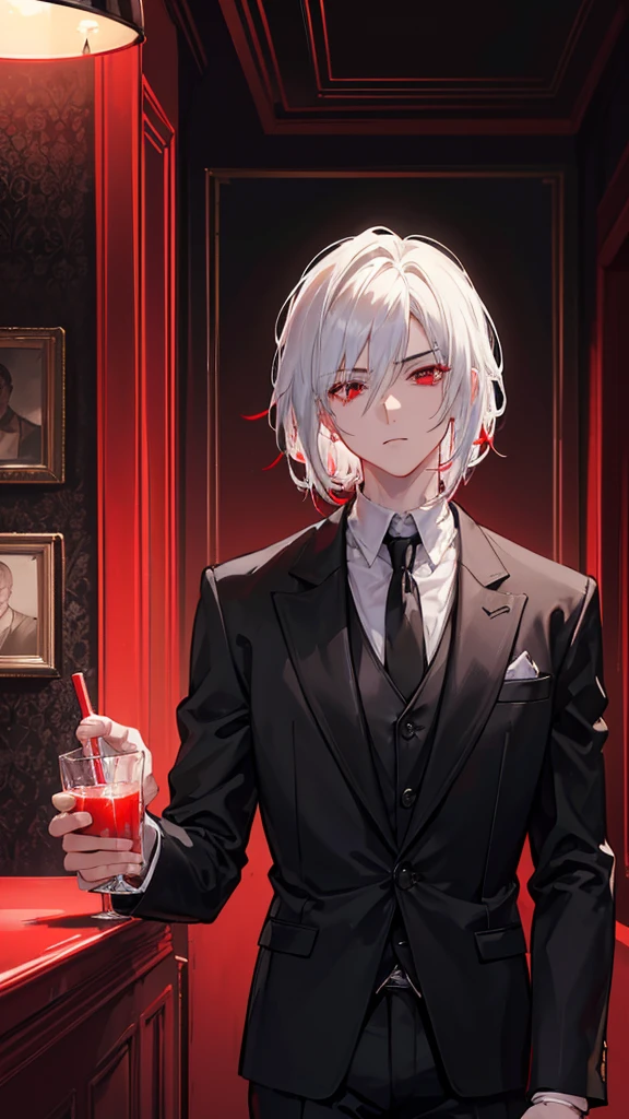 a handsome 24 year old man with white hair and red eyes, drinking juice while glancing at someone, detailed face, cinematic lighting, dramatic chiaroscuro, vibrant colors, photorealistic, highly detailed, sharp focus, masterpiece, elegant black suit, bar interior