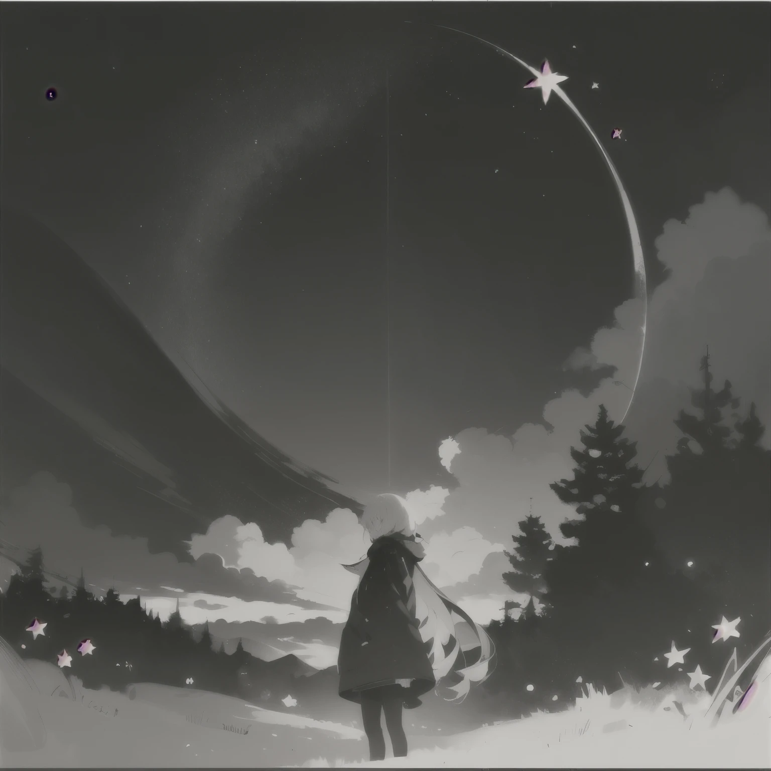 Monochrome, One girl, Long Hair , White Background, grayscale, alone ,null, scenery, Outdoor, star (null), cloud, starry null, wood, sunset, Twilight, night, cloudy null ///////////