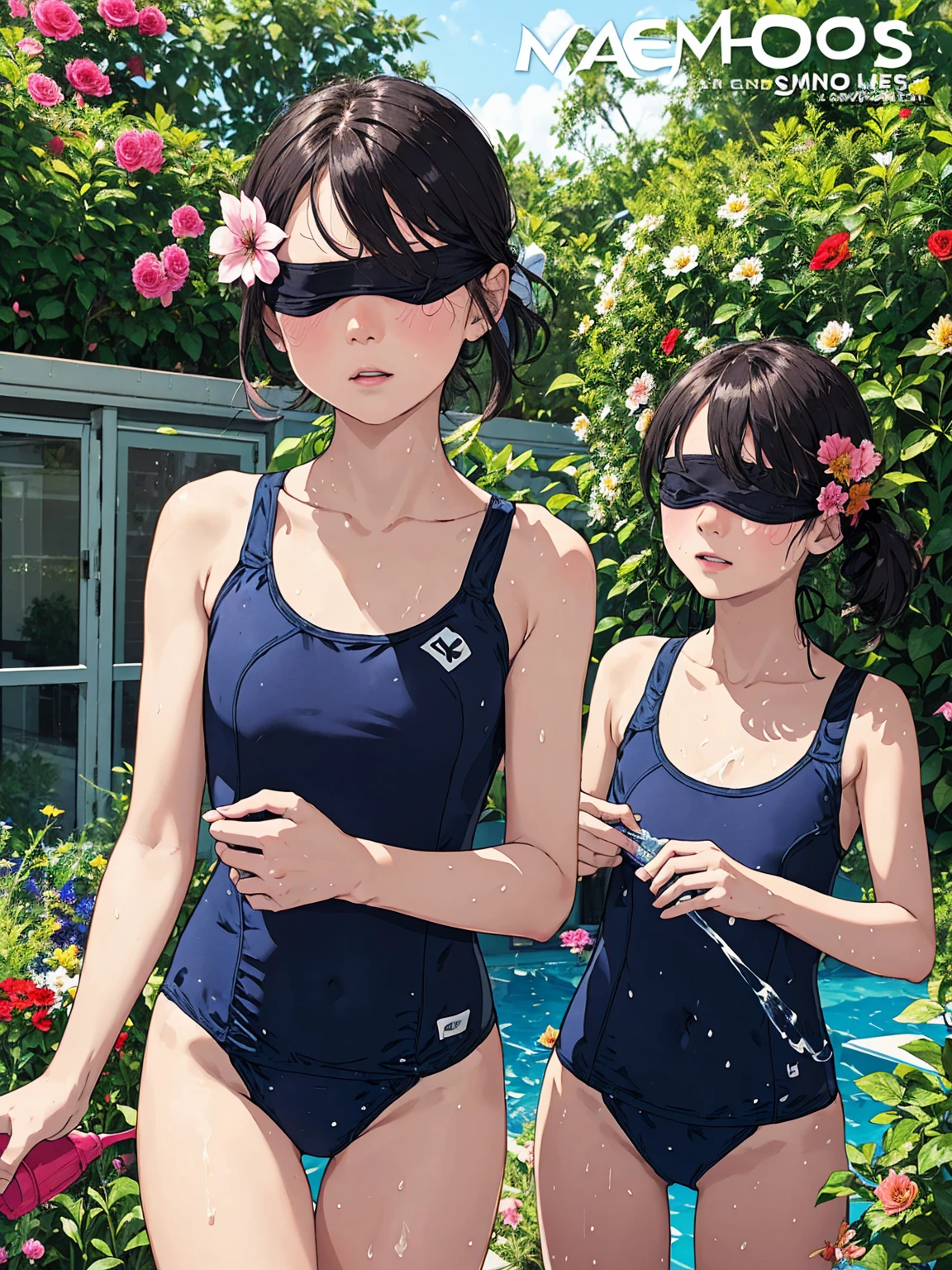 Magazine Cover,Legendary Flower,(School Swimsuit:1.5), Blindfold,Watering the flower,Beep beep beep,Sweaty skin,garden,Gonzo Porn