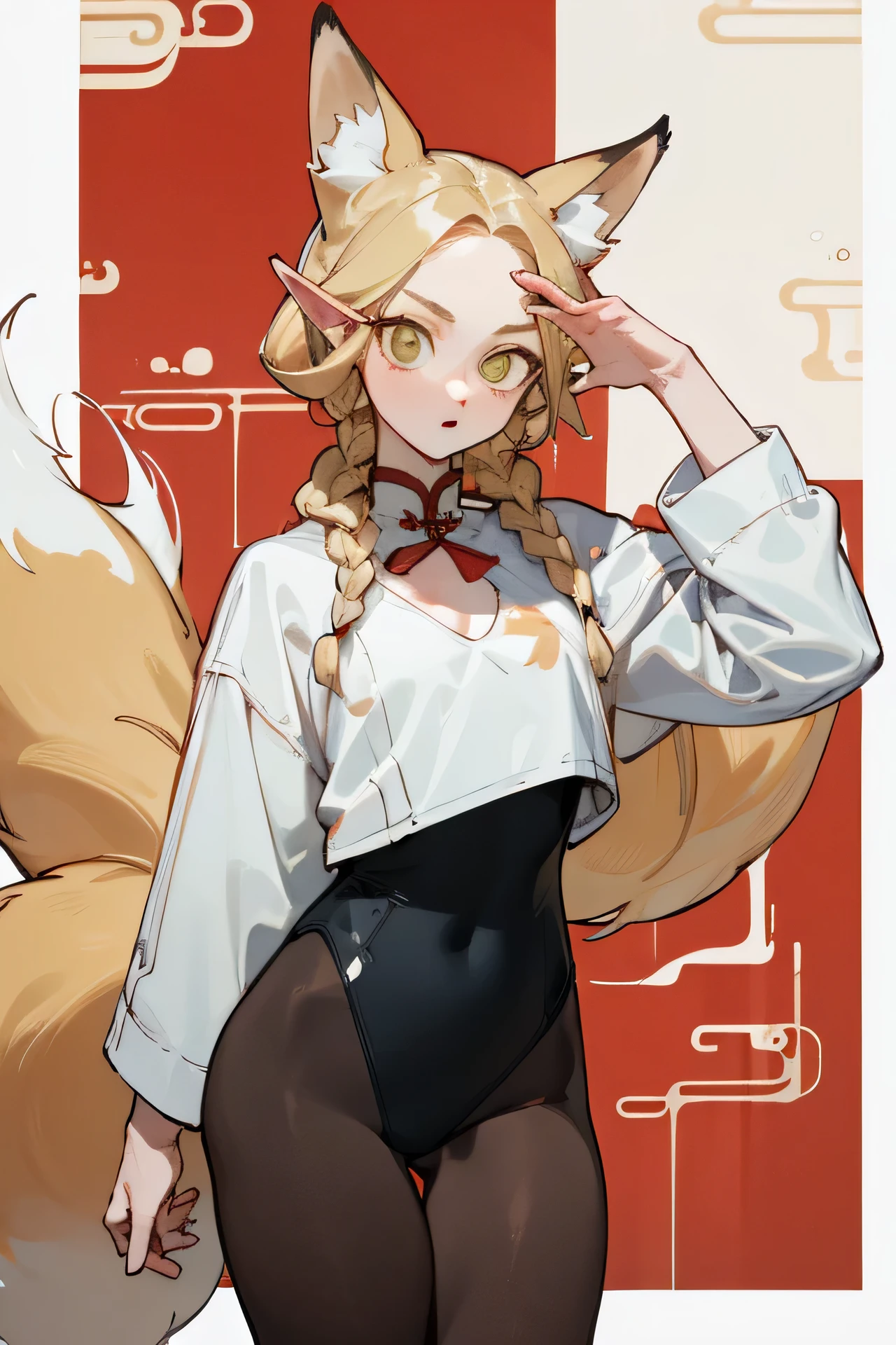 (masterpiece, best quality) detailed, Wearing black tights, , bionde ,elegant, (Fox ears)，Red eyeshadow, ，Chinese element pattern，thigh，Leaking thigh，White shirt，Deep V one-piece swimsuit