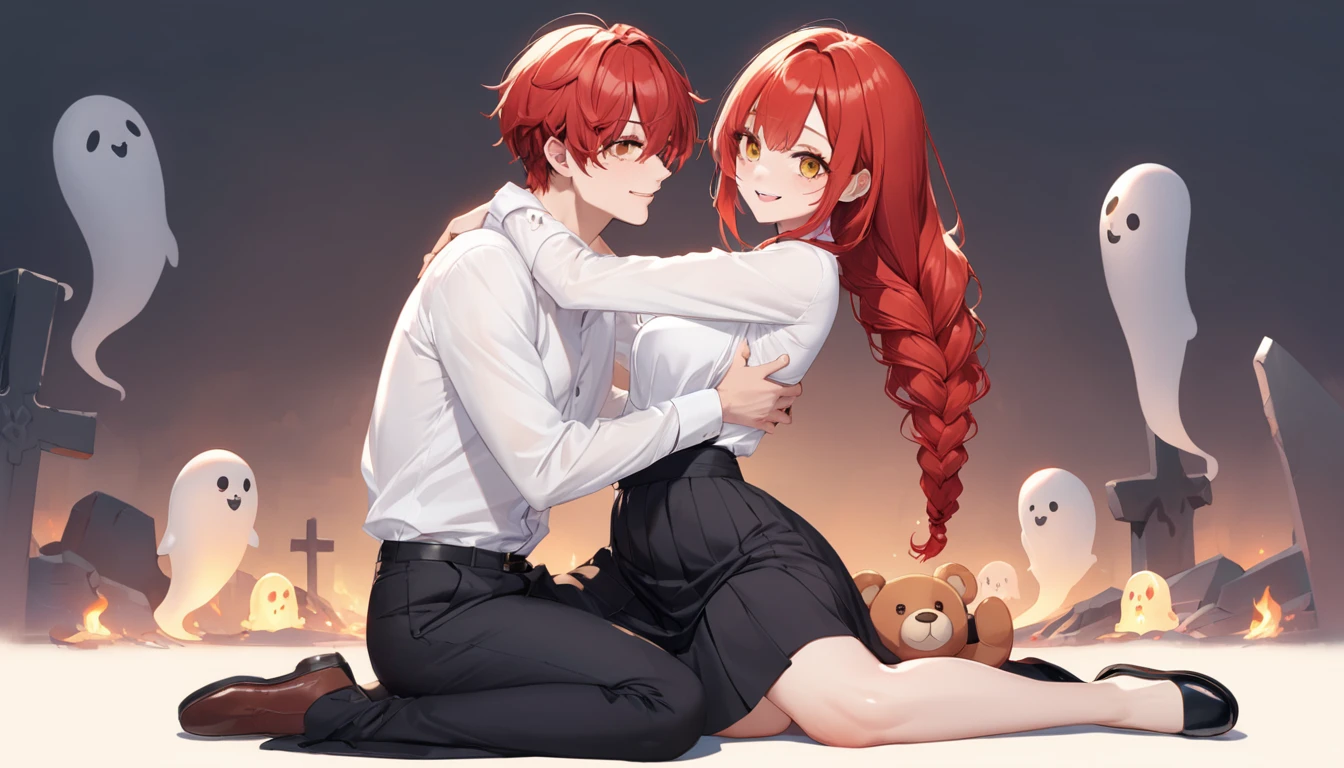 hand, hand, long hair, รอยsmile, smooth, Middle Page, (yellow eyes:1.2), long hair, red hair, braided ponytail, big eyes,นั่วHug a teddy bear,sexy,full body,Sitting position,Hug a teddy bear,smile,flirt,grave background,ghost,วิญญาณ Take a break shirt, long sleeve, white shirt, dress shirt, skirt, black skirt, It&#39;s official., suit, black nightie, lady, Take a break (Masterpiece:1.2), best quality, high resolution, Harmony wallpaper 8K, (illustration:0.8), (Beautifully detailed eyes:1.6), Very detailed face, perfect lighting, The CG is very detailed., (handที่สมบูรณ์แบบ, perfect anatomy),