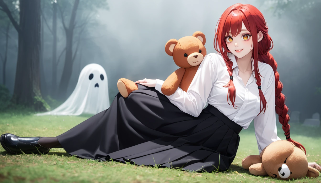 hand, hand, long hair, รอยsmile, smooth, Middle Page, (yellow eyes:1.2), long hair, red hair, braided ponytail, big eyes,นั่วHug a teddy bear,sexy,full body,Sitting position,Hug a teddy bear,smile,flirt,grave background,ghost,วิญญาณ Take a break shirt, long sleeve, white shirt, dress shirt, skirt, black skirt, It's official., suit, black nightie, lady, Take a break (Masterpiece:1.2), best quality, high resolution, Harmony wallpaper 8K, (illustration:0.8), (Beautifully detailed eyes:1.6), Very detailed face, perfect lighting, The CG is very detailed., (handที่สมบูรณ์แบบ, perfect anatomy),
